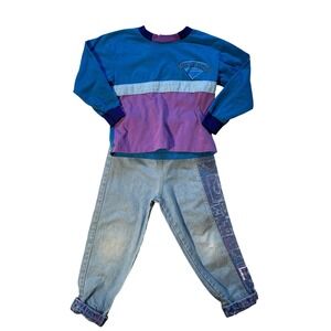 RARE Vintage Ocean Pacific Kids Colorblock Jersey and Denim Jeans Set M